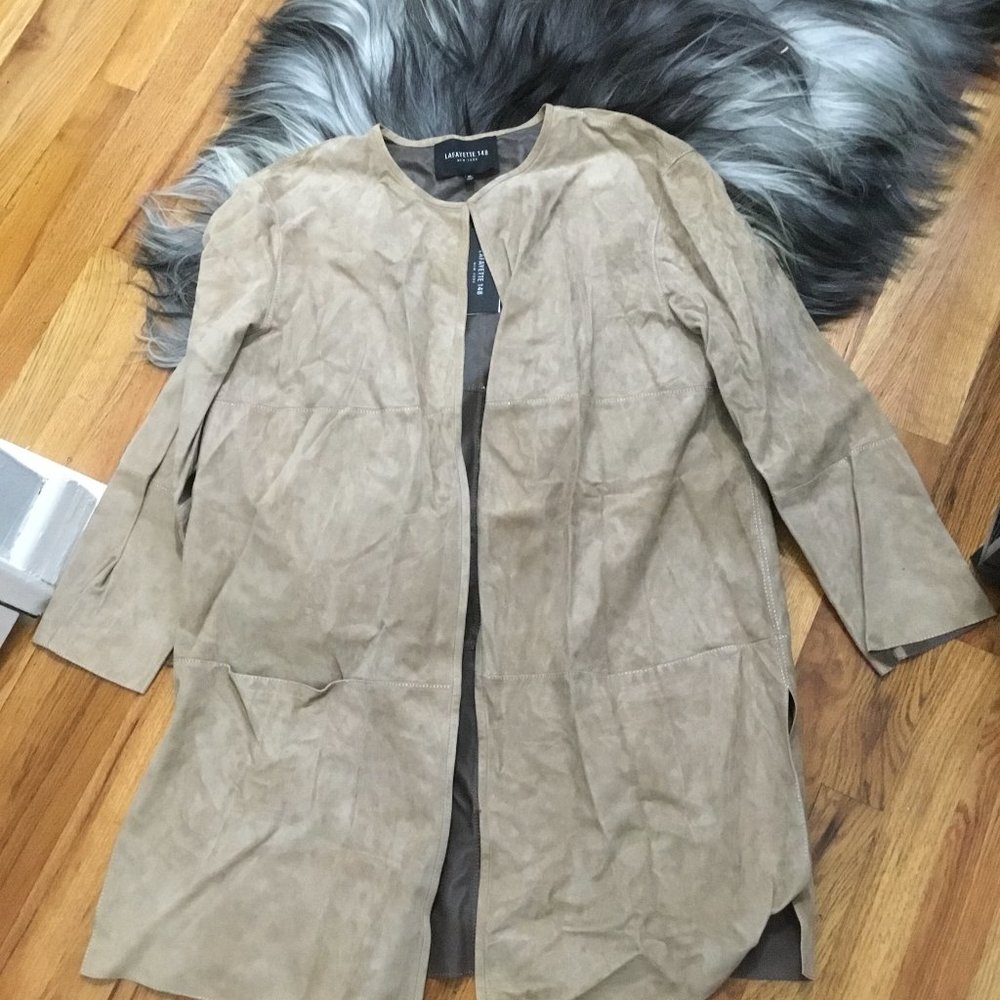 Lafayette 148 New York Taupe Suede Open Front Coat